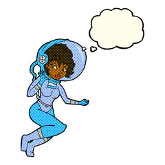 cartoon space woman with thought bubble
