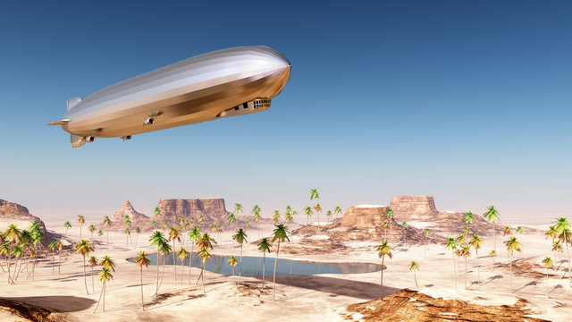 Luftschiff über einer Wüstenlandschaft