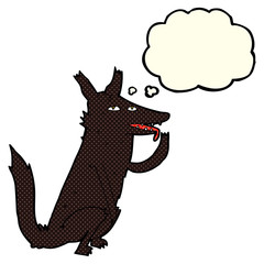 cartoon wolf licking paw with thought bubble
