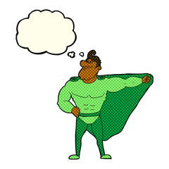funny cartoon superhero with thought bubble