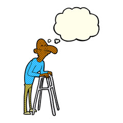 cartoon old man with walking frame with thought bubble