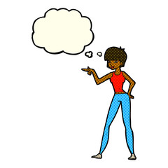 cartoon woman pointing with thought bubble
