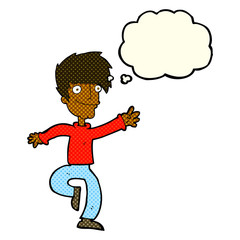cartoon happy man dancing with thought bubble