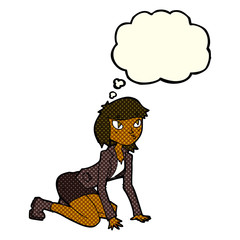 cartoon woman on hands and knees with thought bubble