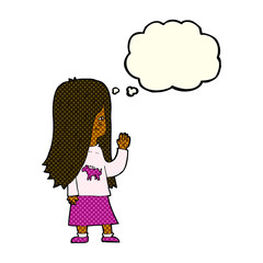 cartoon girl with pony shirt waving with thought bubble