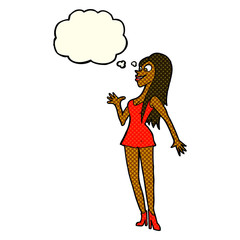 cartoon woman in pink dress with thought bubble