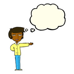 cartoon man gesturing welcome with thought bubble