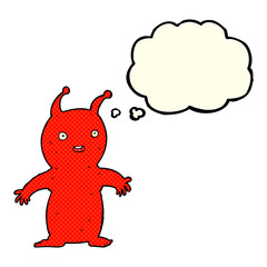 cartoon happy little alien with thought bubble