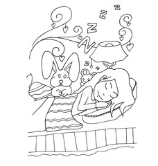 The daily day for girl student hand drawing with black pencil for coloring isolated on the white background