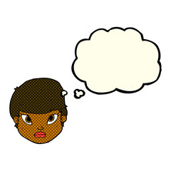cartoon serious face with thought bubble
