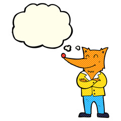 cartoon fox in shirt with thought bubble