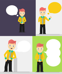 Set of young businessmen with speech bubbles. Talking, thinking