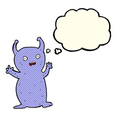 cartoon funny little alien with thought bubble