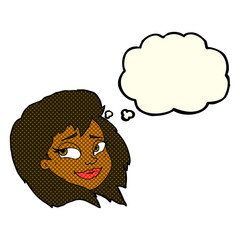 cartoon happy female face with thought bubble
