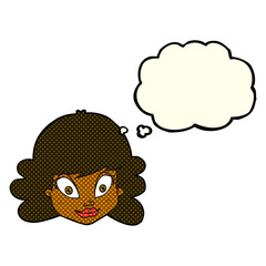 cartoon happy female face with thought bubble