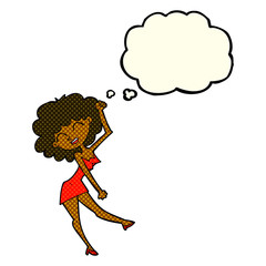 cartoon dancing woman with thought bubble