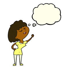 cartoon happy woman about to speak with thought bubble