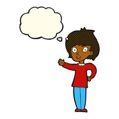 cartoon happy woman with thought bubble