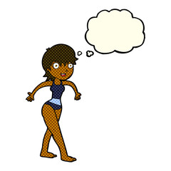 cartoon happy woman in swimming costume with thought bubble