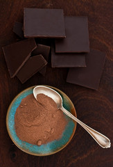 close up of  a silver spoon, chocolate and cacao powder on woode
