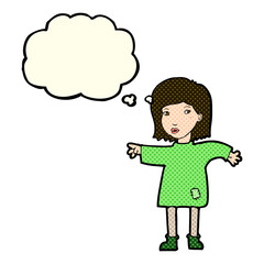 cartoon woman in patched clothing with thought bubble