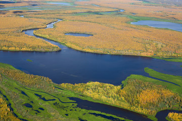Top view of forest river in autumn