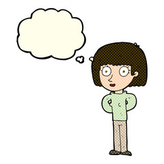 cartoon staring woman with thought bubble