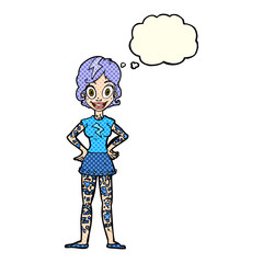 cartoon woman with heavy tattoos with thought bubble