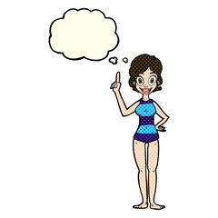 cartoon woman in striped swimsuit with thought bubble