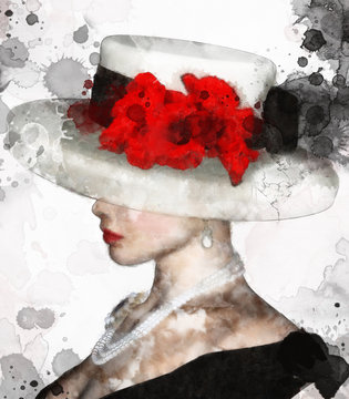 Portrait Of A Charming Woman With Hat And Red Flowers