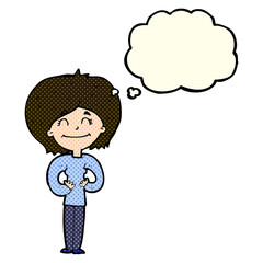 cartoon happy woman with thought bubble