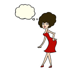 cartoon woman posing in dress with thought bubble