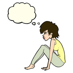 cartoon woman sitting with thought bubble