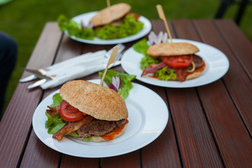 A close-up of tasty- look hamburger.