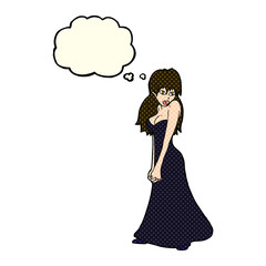 cartoon pretty woman in dress with thought bubble