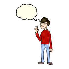 cartoon waving man with thought bubble