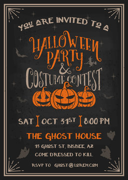 Typography Halloween Party and costume contest Invitation card with scary pumpkins design. Grunge texture easy to remove. Vector illustration