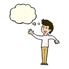 cartoon man waving with thought bubble