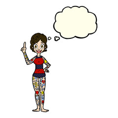 cartoon woman covered in tattoos with thought bubble