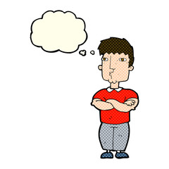 cartoon man with crossed arms with thought bubble