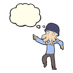 cartoon alien man dancing with thought bubble