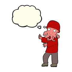 cartoon alien man with thought bubble