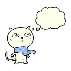 cartoon funny cat wearing scarf with thought bubble