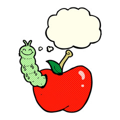 cartoon bug eating apple with thought bubble