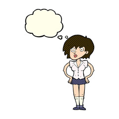 cartoon surprised woman with hands on hips with thought bubble