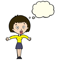 cartoon woman shrugging shoulders with thought bubble