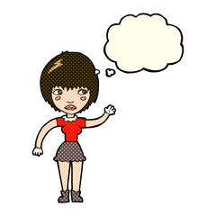 cartoon waving woman with thought bubble