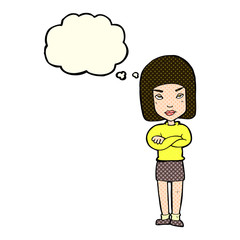 cartoon woman with crossed arms with thought bubble
