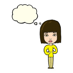 cartoon woman indicating self with thought bubble