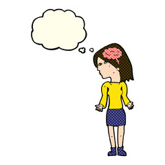 cartoon clever woman shrugging shoulders with thought bubble